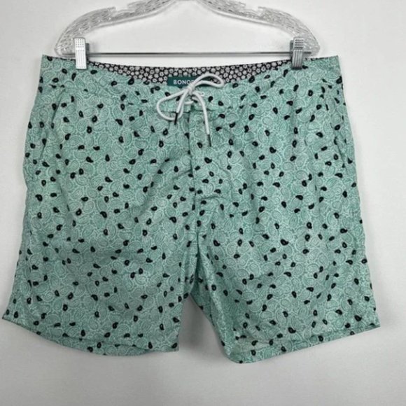 Swim Trunks Men's 38 Green Seafoam Paisley Print 7" Inseam W Brief Liner